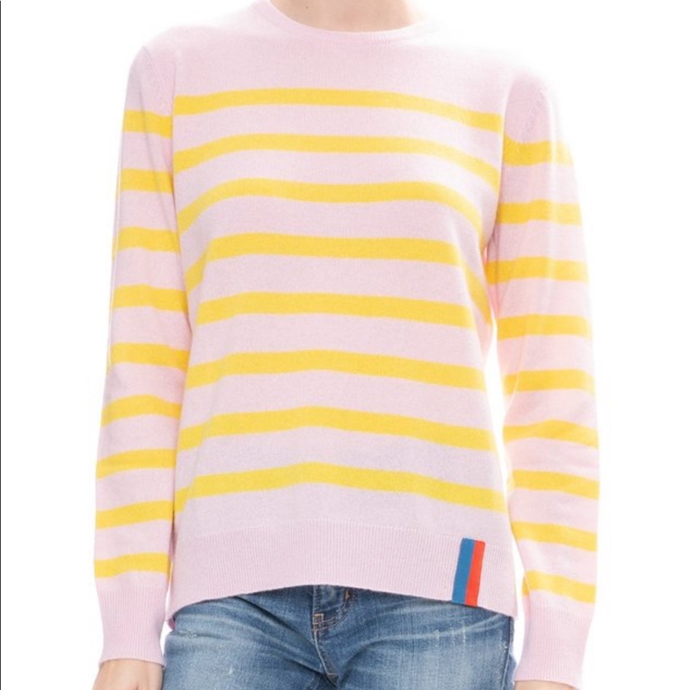 100% cashmere kule size large pink crew neck sweater with yellow stripes